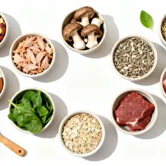 Schüsseln mit Mandeln, Thunfisch, Pilzen, Sonnenblumenkernen, Haferflocken, rotem Fleisch, Schweinefleisch, Spinat, Eiern und Getreide. Diese Lebensmittel sind reich an Selen.