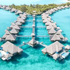 Bora Bora, gdzie jest ten raj? Domy na wodzie z krytymi strzechą dachami w turkusowej lagunie.