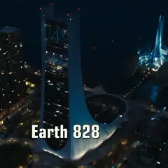 Vue aérienne de nuit d'une ville avec le logo des Fantastic Four MCU sur un gratte-ciel. "Earth 828" est affiché.