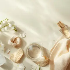 Delikatny bukiet konwalii, płatki kwiatów, kremowa tkanina i buteleczka perfum o zapachu piżma.