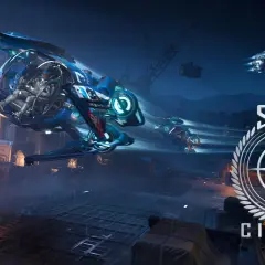 Nocny deszcz na stacji kosmicznej. Widać statek z załogą, logo Star Citizen i zapowiedź gry na Xbox.