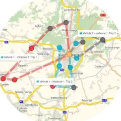 Karte von Luxemburg mit Routen und Markierungen, die die tourenplanung logistik für mehrere Fahrzeuge darstellen.