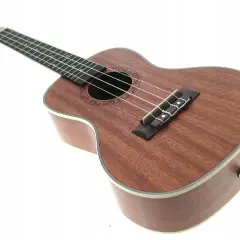 Brązowe ukulele instrument z czterema strunami, ozdobnym rozetą wokół otworu rezonansowego i białym bindingiem.