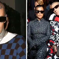 Travis Barker, znany z zespołu, w okularach i z tatuażami na głowie i szyi, obok Kourtney Kardashian.