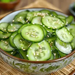 A refreshing bowl of Japanese cucumber salad, thinly sliced cucumbers glistening with a light dressing and sprinkled with sesame seeds.
