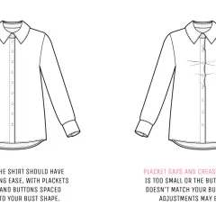 Illustration comparing a well-fitting shirt with flat plackets and buttons spaced correctly, to a shirt with placket gaps and creases indicating poor fit.