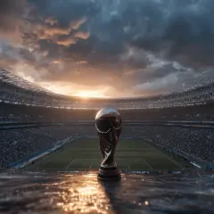 Puchar Świata na tle stadionu pełnego kibiców, gotowego na emocje, kiedy są mistrzostwa świata w piłce nożnej.
