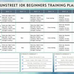 Plan treningowy Runstreet 10K dla początkujących, budujący siłę biegową. Zawiera rozgrzewkę, biegi, trening siłowy i odpoczynek.
