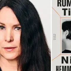 Porträtt av Nina Hemmingsson bredvid bokomslag för "Rum utan titel".