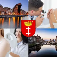 Gdański krajobraz, dermatolodzy badający znamiona, herb miasta.