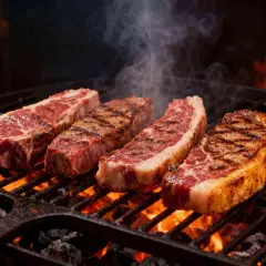 Quatre picanhas de boeuf juteuses grésillent sur un barbecue incandescent, dégageant une fumée alléchante.