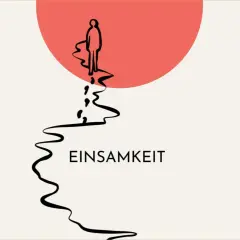 Eine einsame Figur steht vor einem roten Kreis. Ein Pfad aus Fußabdrücken führt weg. Der Text "Einsamkeit" und "Trauer Leben" sind zu sehen.