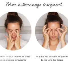 Quatre étapes d'une routine beauté : automassage du visage, des yeux, des sourcils et des oreilles pour un coup d'éclat.
