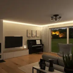 Gemütliches Wohnzimmer gestalten mit Kamin, Klavier und Blick ins Grüne. Moderne Beleuchtung schafft Atmosphäre.