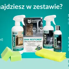 Zestaw do czyszczenia i impregnacji zlewozmywaków granitowych: środek WOW, odkamieniacz SUPER, nanoimpregnat SINK, 2 gąbki i ściereczka z mikrofibry.
