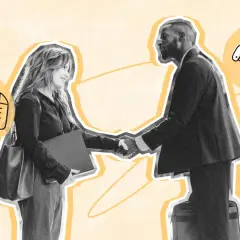 Un hombre y una mujer se dan la mano, simbolizando la contratación electrónica. Iconos de documentos y apretón de manos refuerzan el concepto.