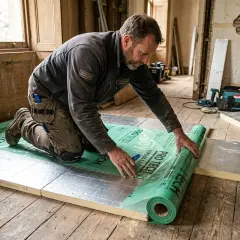 Man rullar ut grön ångspärr för att isolera golv ovanifrån i ett rum under renovering.