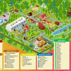 Mapa parku dinozaurów w Kołacinku. Znajdziesz tu parking, atrakcje, hale namiotowe i ścieżkę z dinozaurami.