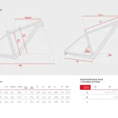 Schemat geometrii ramy roweru Peak 29 Carbon z wymiarami i tabelą rozmiarów. Określ swój idealny rozmiar ramy roweru.