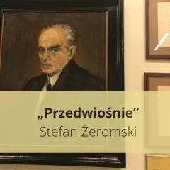 Portret Stefana Żeromskiego na tle oprawionych dokumentów i obrazów.