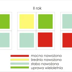 Płodozmian zbożowy-tabela: schemat zmian nawożenia i upraw przez 3 lata. Kolory oznaczają: mocno nawożona, średnio, słabo, uprawa wieloletnia.