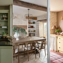 A triptych showcasing kitchens with a modern rustic aesthetic: sage green cabinetry with brass fixtures, a stone-walled dining area with a wooden table, and a cream-colored range with a checkered rug.