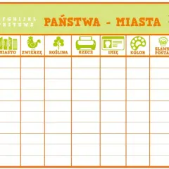 Plansza do gry "Państwa - Miasta" z nietypowymi kategoriami: państwo, miasto, zwierzę, roślina, rzecz, imię, kolor, sławna postać, punkty.