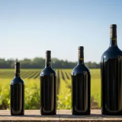 Cinq bouteilles de vin rouge de tailles variées, de la plus petite à une imposante bouteille de 9 litres, alignées devant un vignoble verdoyant.