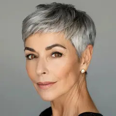 Portret kobiety po 40 z krótkimi, siwymi włosami i brązowymi oczami.