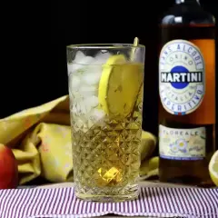 Orzeźwiający martini vibrante z lodem i cytryną, obok butelki Martini i owoców.
