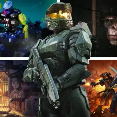 Kolaż z grafikami z gier: Master Chief, małpa z chomikiem, żołnierz w steampunkowym klimacie i wojownicy z Warhammera. Idealne dla fanów gry strzelanki za darmo.