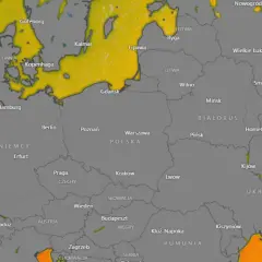 Mapa pokazuje temperaturę Bałtyku. Kolory wskazują, ile stopni ma Bałtyk teraz, od żółtego po pomarańczowy.