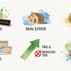 Invest in stocks, real estate, bonds, and gold to reduce taxable income. A woman reviews documents, symbolizing financial planning.