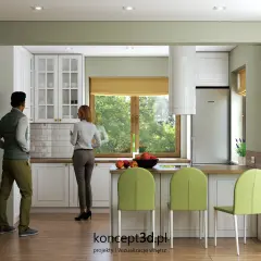 Para dyskutuje o okna w kuchni inspiracje. Jasna kuchnia z zielonymi akcentami i widokiem na ogród.