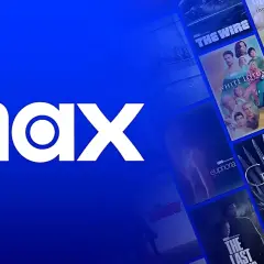 Logo "max" na niebieskim tle z kolażem okładek seriali i filmów.