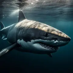 Un gran tiburón blanco nada en aguas oscuras. ¿Qué significa soñar con tiburones? Puede ser un símbolo de poder o de miedos ocultos.