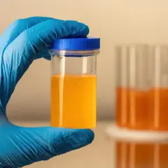Ręka w niebieskiej rękawiczce trzyma pojemnik z żółtym płynem, badanie na obecność białka w moczu u dziecka.
