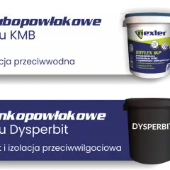 Cienkopowłokowe typu Dysperbit: grunt i izolacja przeciwwilgociowa. Obok wiaderko z grubopowłokową hydroizolacją typu KMB.