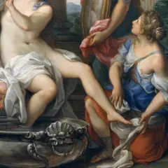 Erotic Renaissance art: A woman bathes, attended by another, in a scene of opulent sensuality.