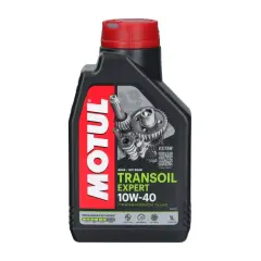 Czarna butelka oleju Motul Transoil Expert 10W-40 z czerwonym korkiem i grafiką przekładni.