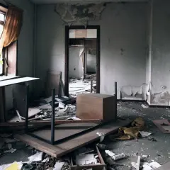 Habitación abandonada con escombros y muebles rotos. Un escenario que te hace pensar: ¿qué pasa si compro un piso ocupado?