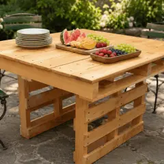 Tavolo da giardino fai da te con pallet, pronto per un picnic con frutta fresca e piatti.