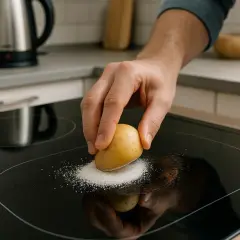 Main d'homme frottant une plaque à induction avec une pomme de terre et du sel.