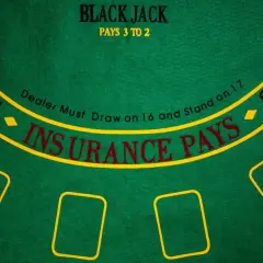 Zielony stół do gry w oczko z żółtymi polami i napisami "Black Jack", "Insurance Pays" oraz "2 to 1".