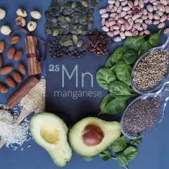 Mangan-reiche Lebensmittel: Mandeln, Spinat, Chiasamen, Kürbiskerne, Bohnen, Reis, Avocado.