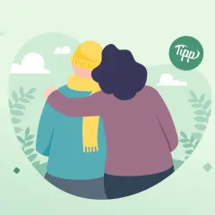 Eine Person tröstet eine andere, um Krebspatienten Mut zu machen. Ein grüner Kreis mit dem Wort "Tipp" ist sichtbar.