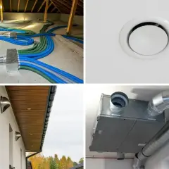 System wentylacji mechanicznej z odzyskiem ciepła: czerpnia i wyrzutnia powietrza na zewnątrz, rozdzielacze i kanały wewnątrz.