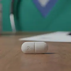 Jedna tabletka lorazepamu z oznaczeniem "2" leży na drewnianym blacie. W tle widać butelkę leków i stetoskop.