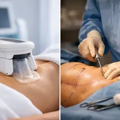 Två bilder visar behandlingar för att ta bort fett på magen. Till vänster en maskin som kyler fettceller, till höger en kirurg som utför fettsugning.