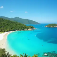 Rajska plaża z turkusową wodą i zielonymi wzgórzami. Idealne miejsce na wakacje. Filipiny kiedy jechać? Najlepiej w porze suchej, od listopada do maja.